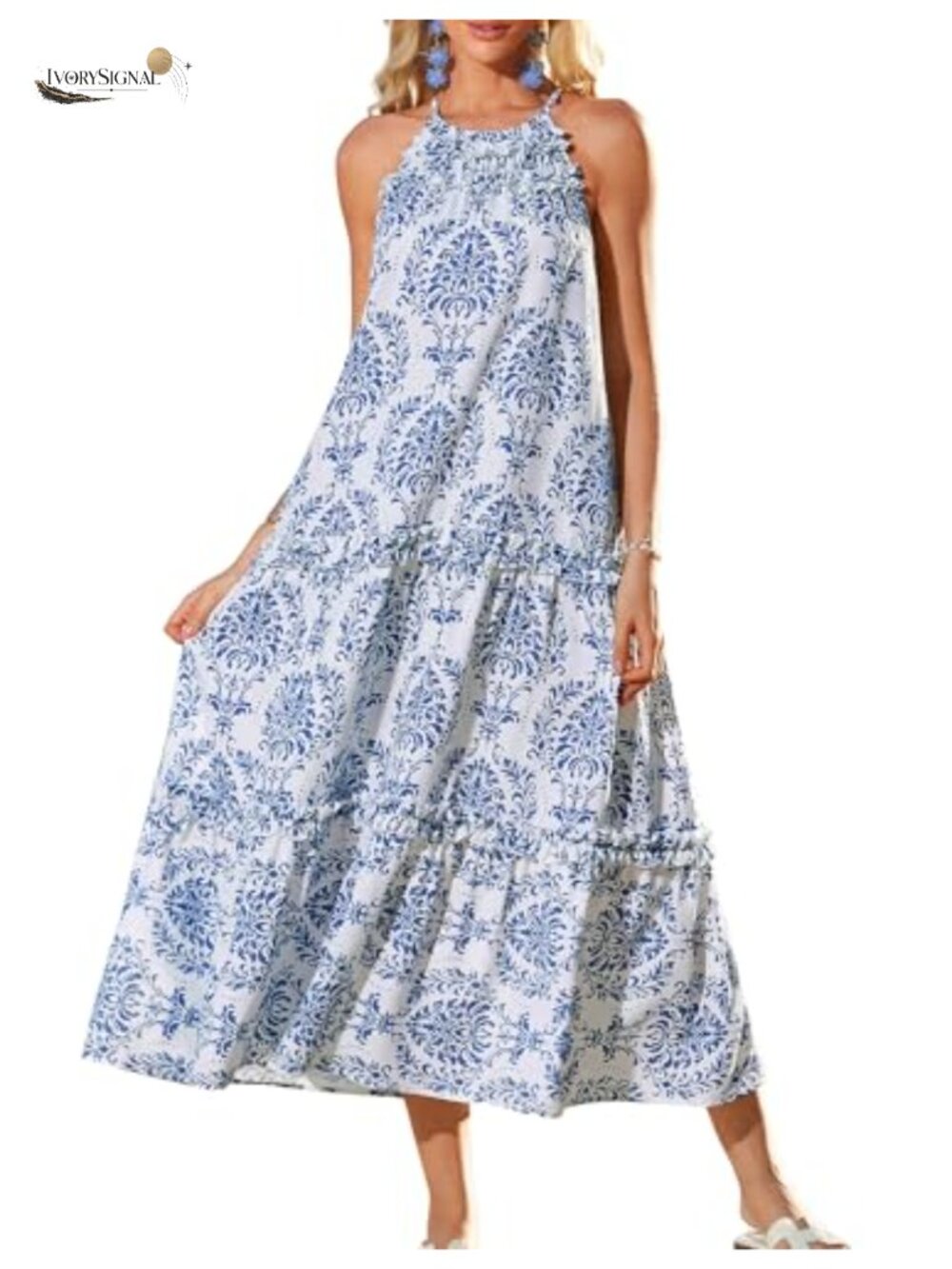 Halter Neck Floral Maxi Dress Sleeveless Tiered Ruffle Sundress